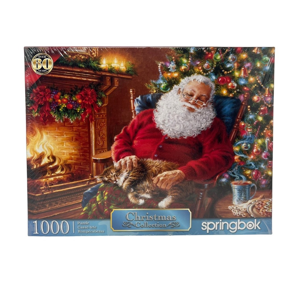Springbok‎ 1000 Piece Puzzle Santa Christmas Fireplace Cat Holiday USA NEW
